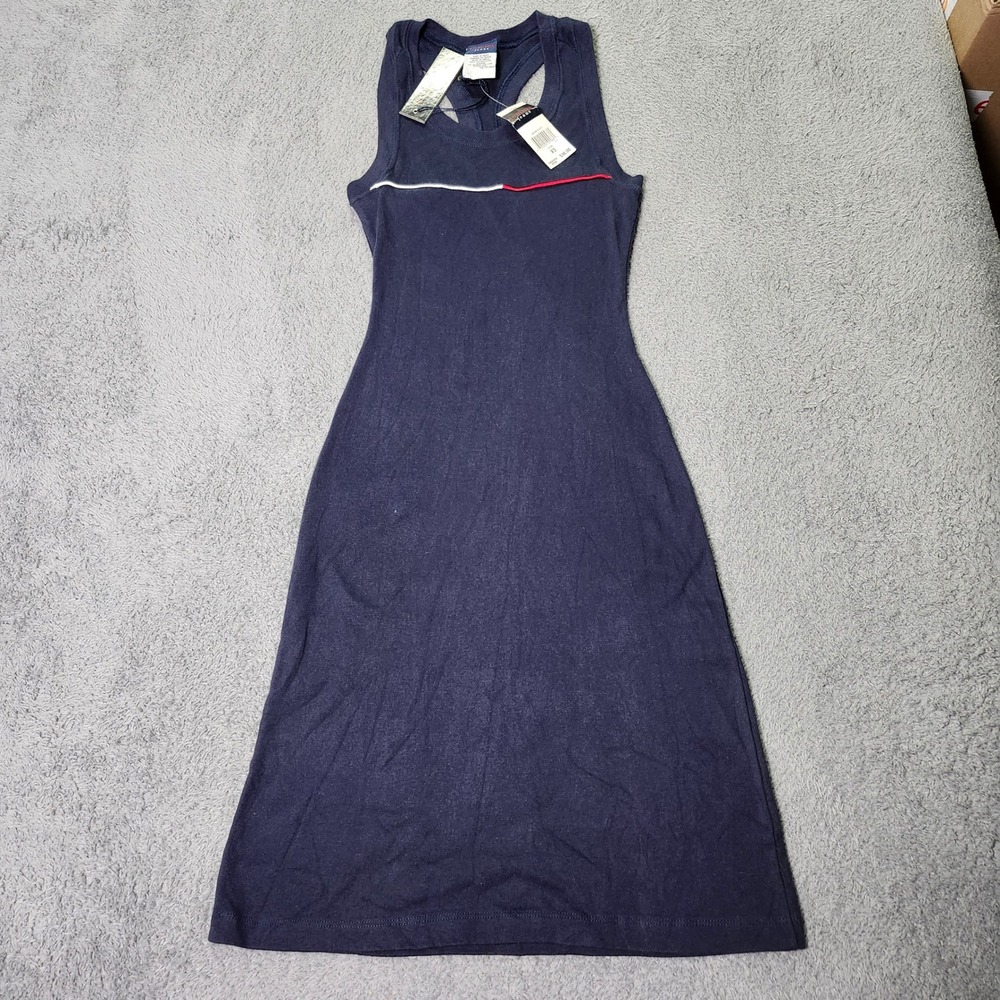 Tommy Jeans Womens XS Midi Dress Navy Blue Ribbed Racerback Stripe T8731